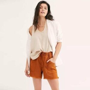 Free People Linen Blend Tomboy High Waisted Shorts in Rust